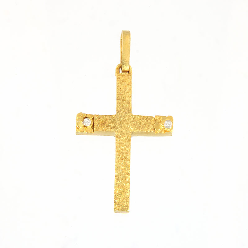 Γυναικείος Χειροποίητος Σταυρός από Κίτρινο Χρυσό Κ14 με Σφυρηλάτηση & Λευκά Ζιργκόν.