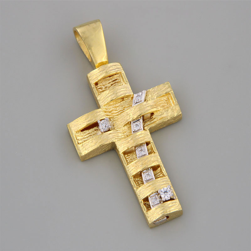 Γυναικείος Χειροποίητος Σταυρός από Κίτρινο Χρυσό Κ14 με Χαρακτική, Λευκή Πλατίνα & Λευκά Ζιργκόν.