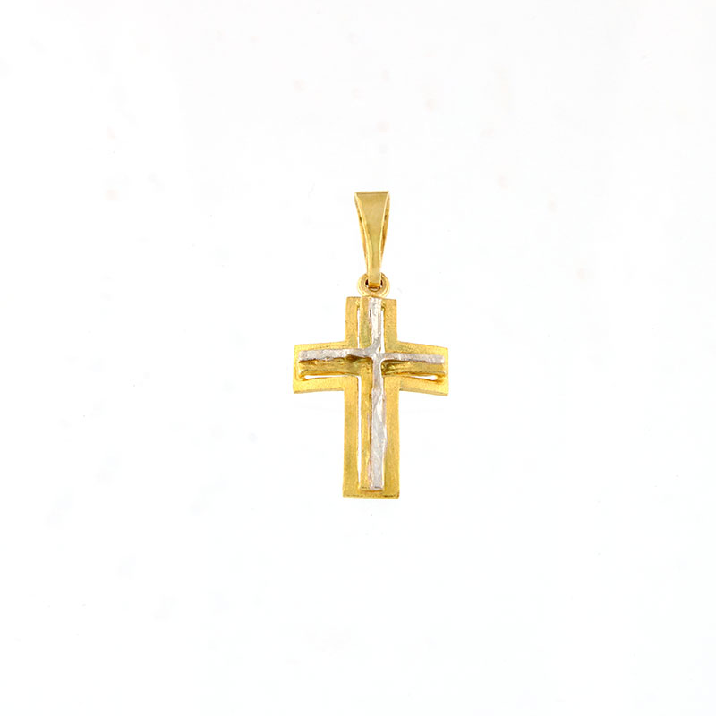 Γυναικείος Χειροποίητος Δίχρωμος Μικρός Σταυρός Κ14 με Ματ Επιφάνεια & Λευκό Επιπλάτινωμα.