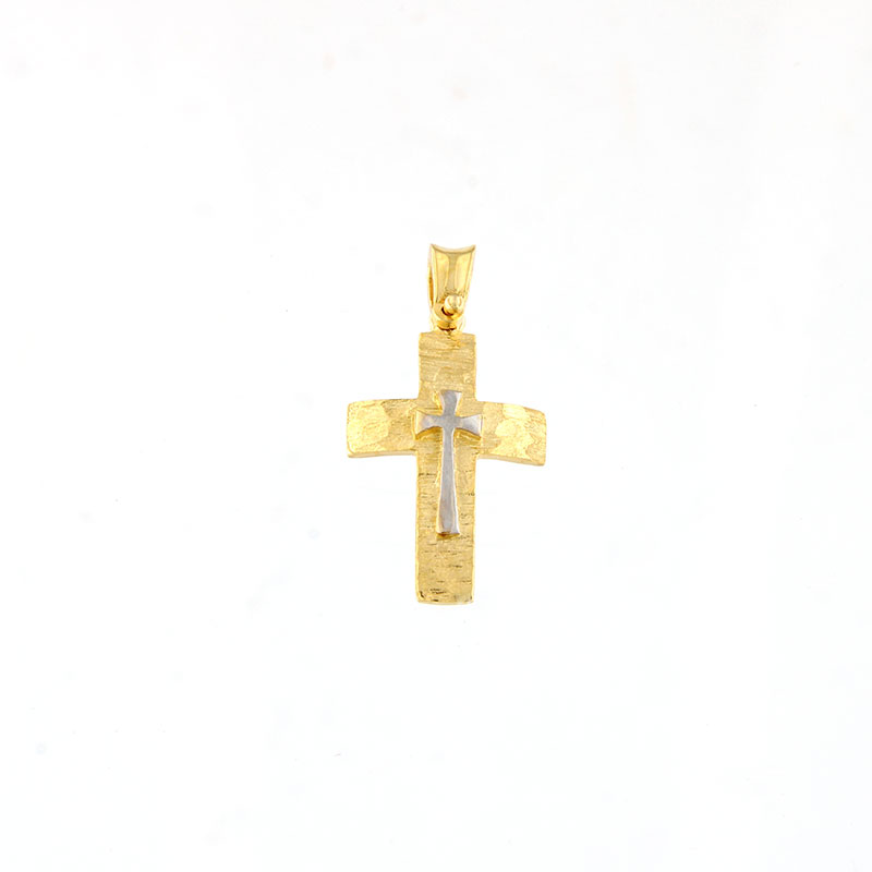 Γυναικείος Χειροποίητος Δίχρωμος Μικρός Σταυρός Κ14 με Σφυρήλατη Επιφάνεια & Λευκό Επιπλάτινωμα.