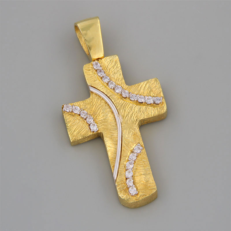 Γυναικείος Χειροποίητος Σταυρός Κ14 με Χαρακτική, Λευκή Πλατίνα & Λευκά Ζιργκόν.