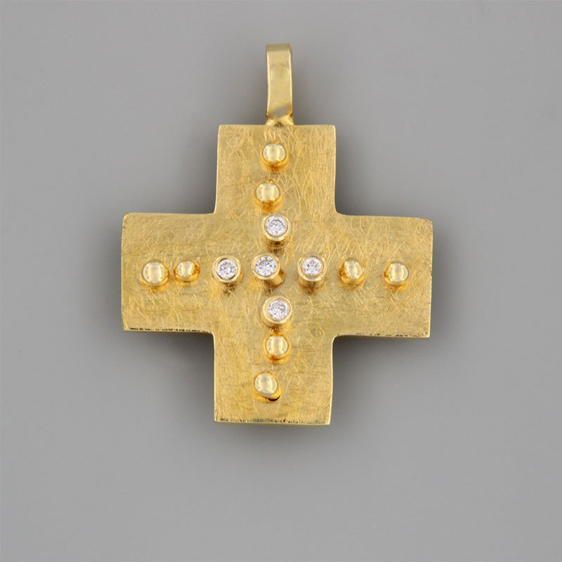 Γυναικείος Χειροποίητος Δίπλευρος Σταυρός Κ14 με Χαρακτική & Λευκά Διαμάντια.