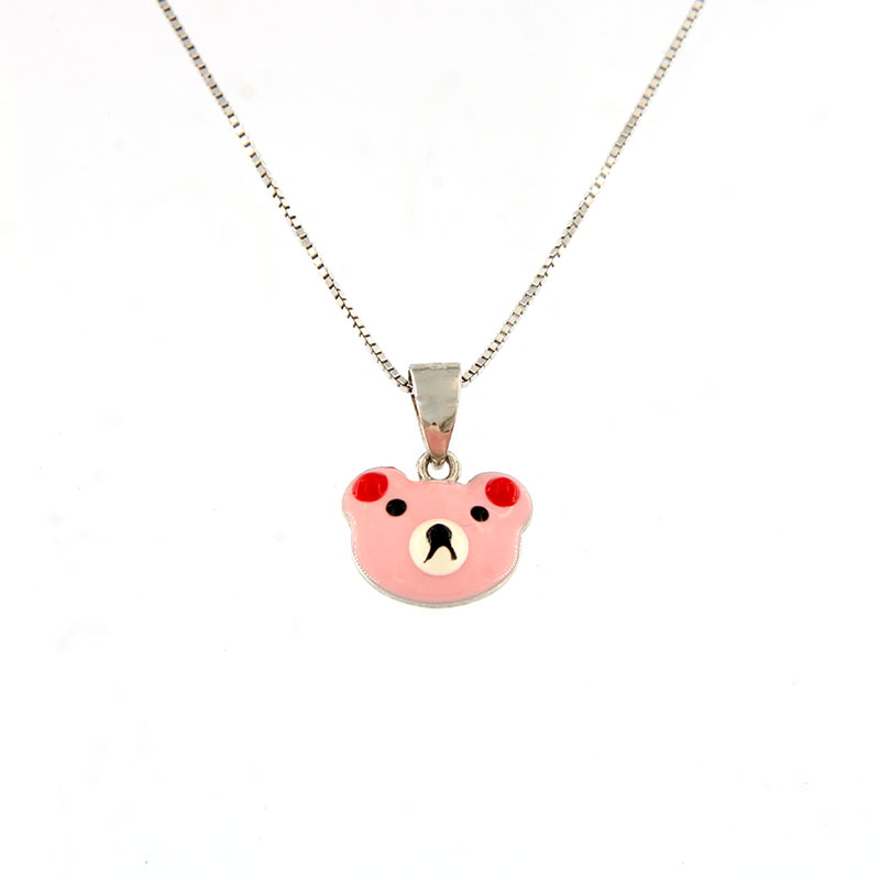 Παιδικό Ασημένιο Κολιέ 925 με Αρκουδάκι & Ροζ Σμάλτο.