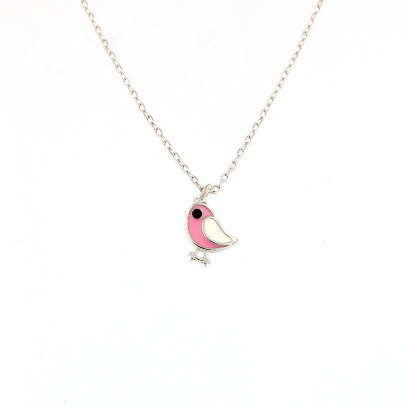 Παιδικό Ασημένιο Κολιέ 925 με Πουλάκι & Ροζ και Λευκό Σμάλτο.