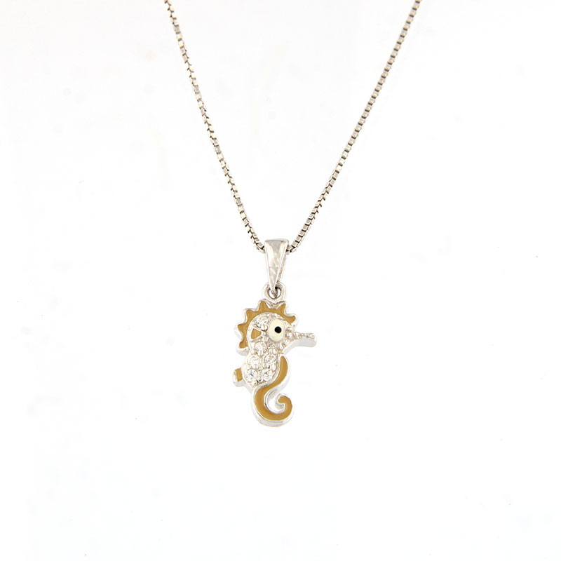 Παιδικό Ασημένιο Κολιέ 925 με Ιππόκαμπο, Λευκά Ζιργκόν & Σμάλτο.