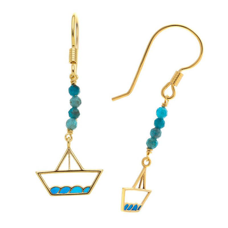 Γυναικεία Κρεμαστά Σκουλαρίκια Καραβάκια από Ασήμι 925° με Μπλε Σμάλτο & Αμαζονίτη.