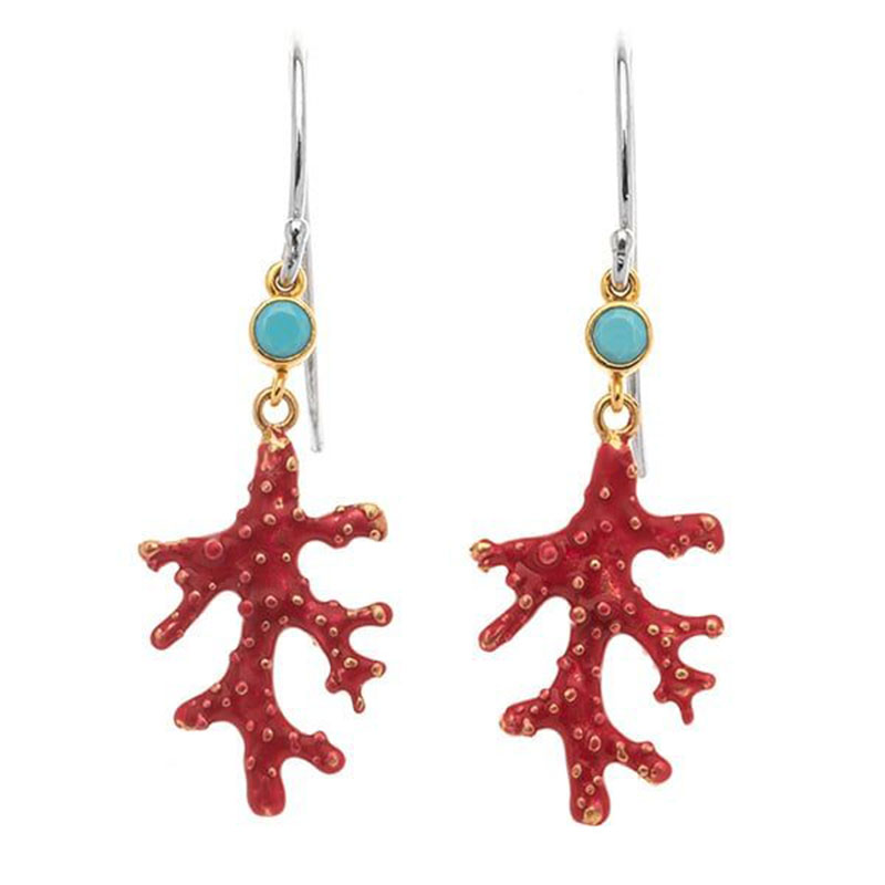 Γυναικεία Ασημένια Σκουλαρίκια 925° με Κρεμαστά Κοράλλια, Τιρκουάζ & Κόκκινο Σμάλτο.