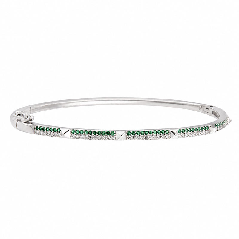 Women’s Sterling Silver 925 Bangle Bracelet with Green and White Zircons.