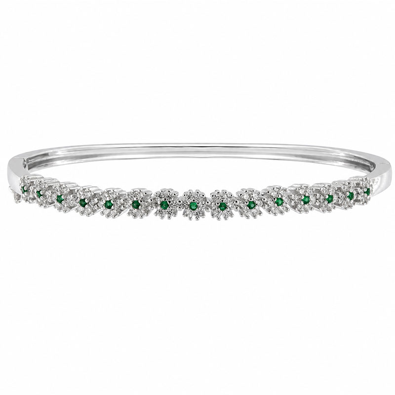 Women’s Sterling Silver 925 Bangle Bracelet with Green and White Zircons.